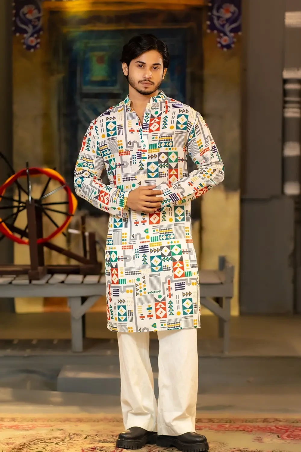 Men’s Knee-Length Slab Silk Digital Print Panjabi