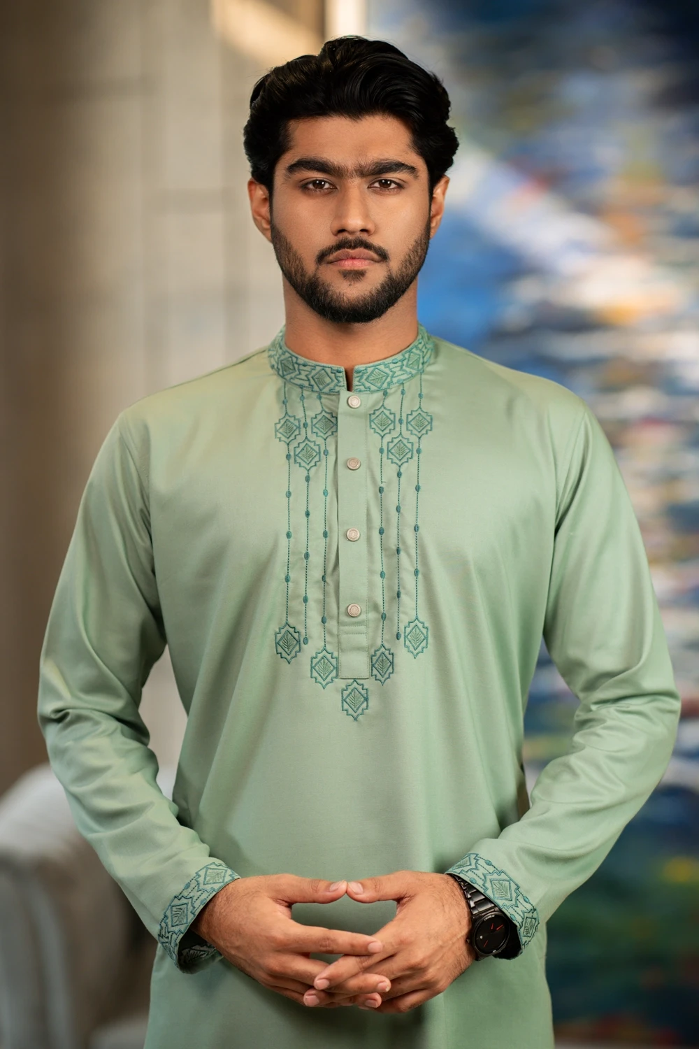 Men’s Knee-Length Slab Silk Digital Print Panjabi